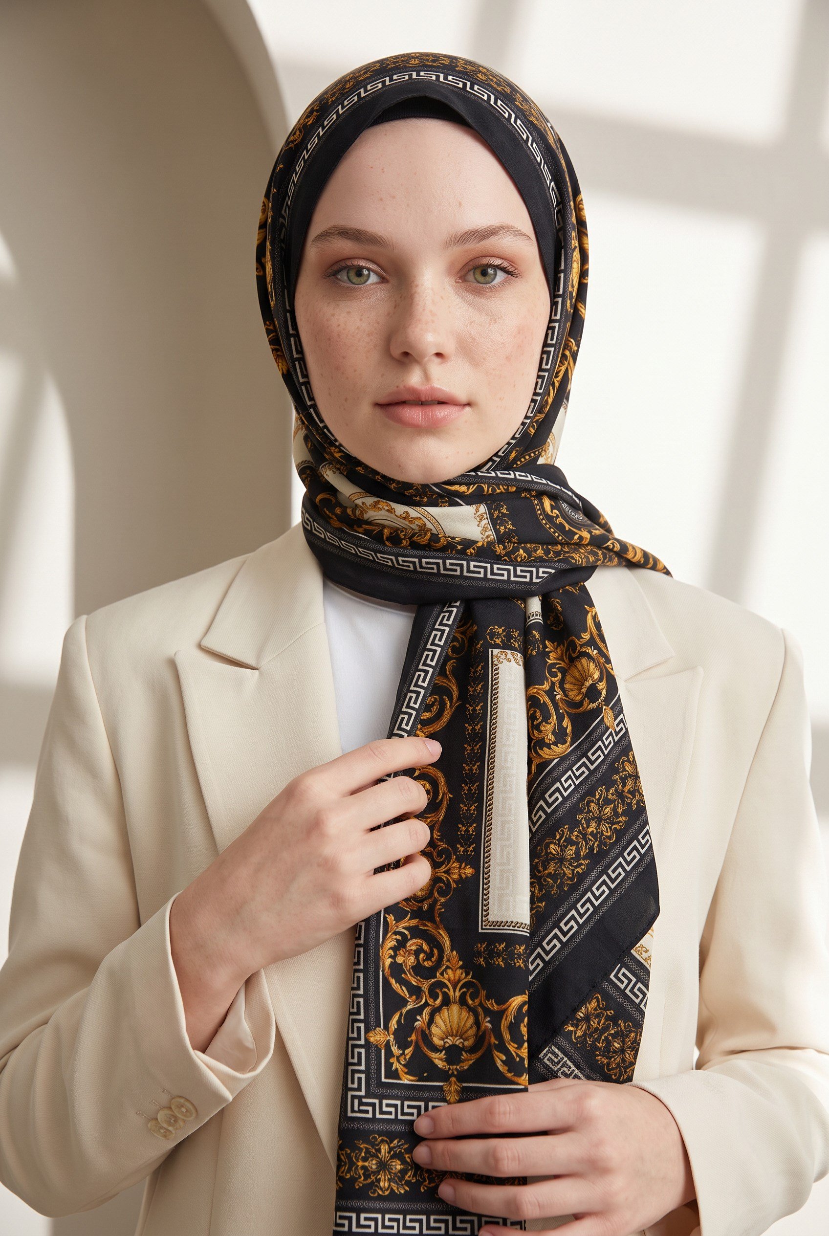 KREP BAROK DESENLİ SİYAH RENKLİ 75X195 KIRIŞMAZ ŞAL