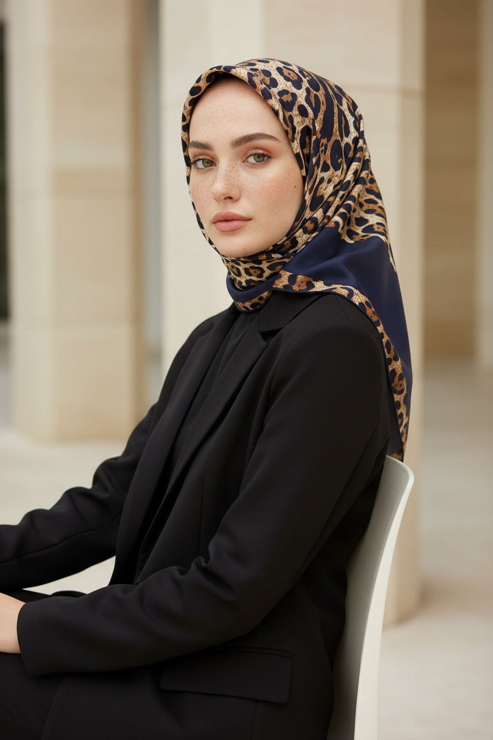 %100 Twill İpek Leopar Desenli Lacivert Renkli 90x90 Eşarp Dikim Şekli : El Dikişi