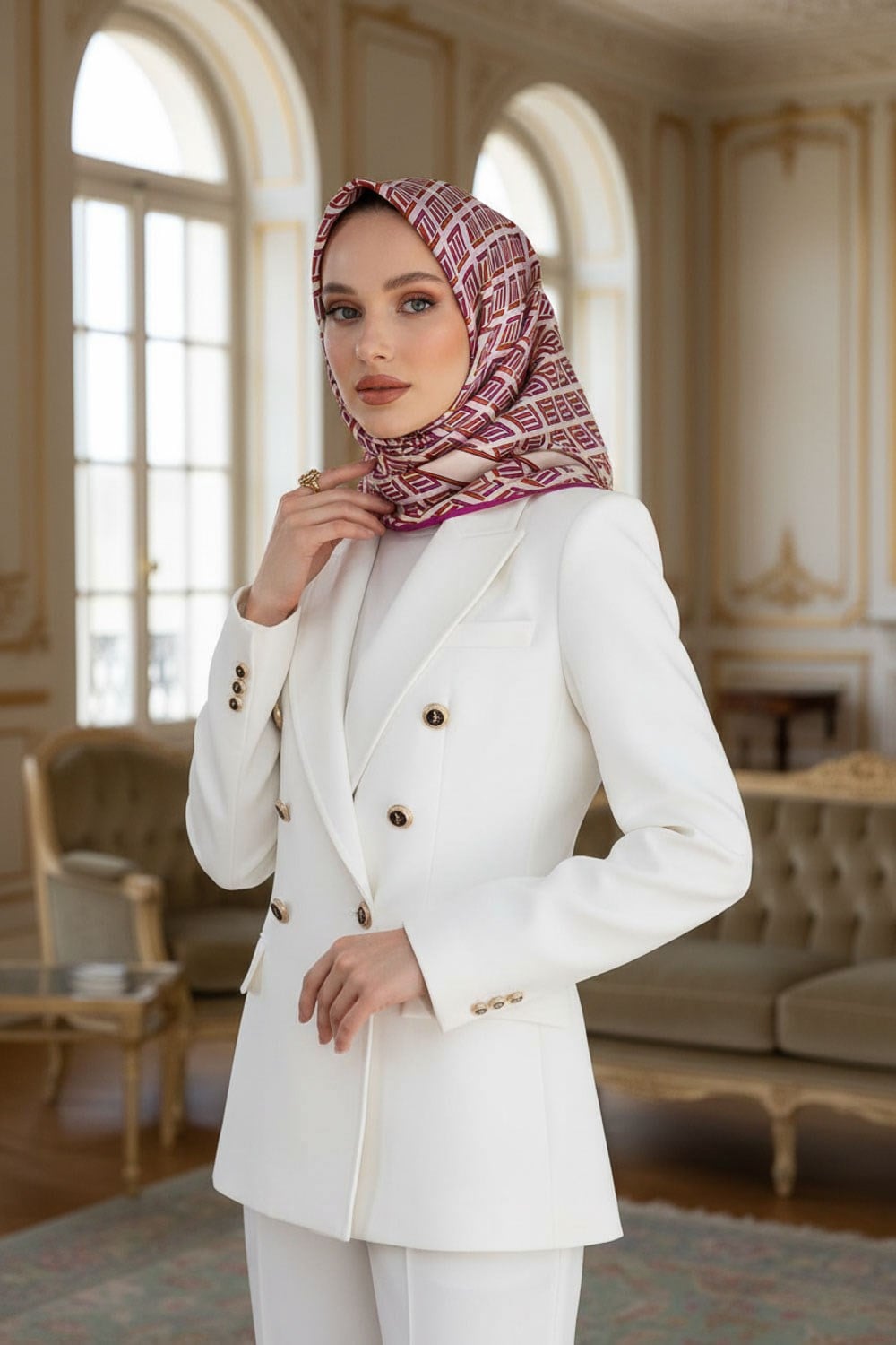 % 57 İPEK % 43 VİSKON Twill İpek Geometrik Desenli Fuşya - Turuncu Renkli 90x90 Eşarp Dikim Şekli : El Dikişi