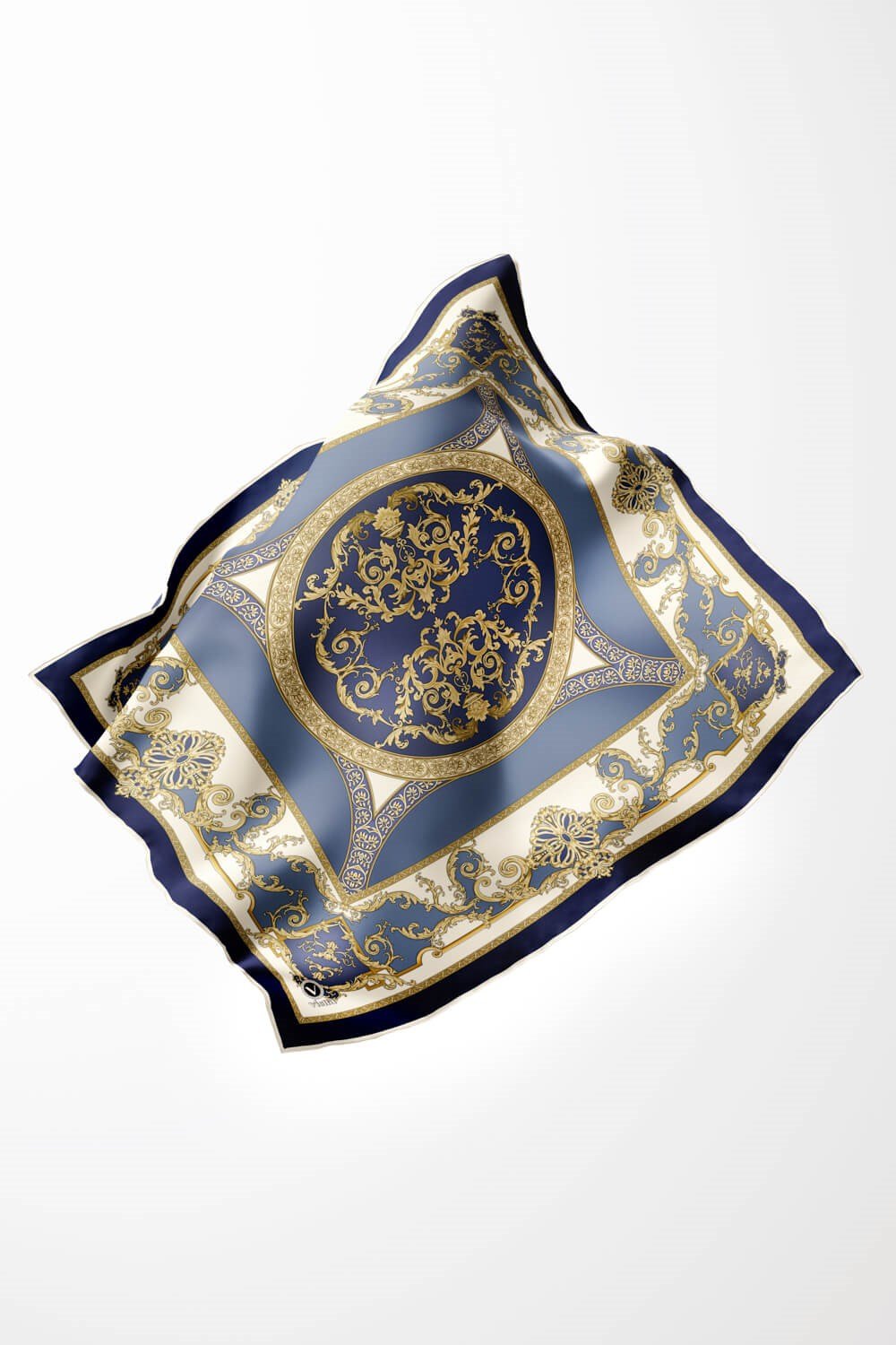 Twill Barok Desenli İndigo Renkli 90x90 Eşarp (İpek İçermez) Kenar Dikiş Şekli El Dikişli