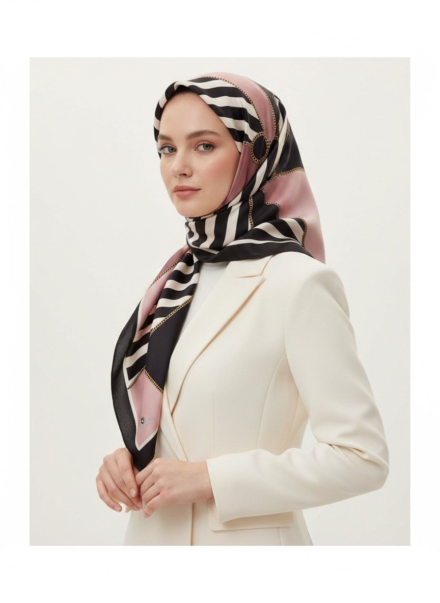 %100 Twill İpek Zincirli Çizgi Desenli Pudra - Siyah Renkli 90x90 Eşarp Dikim Şekli : El Dikişi