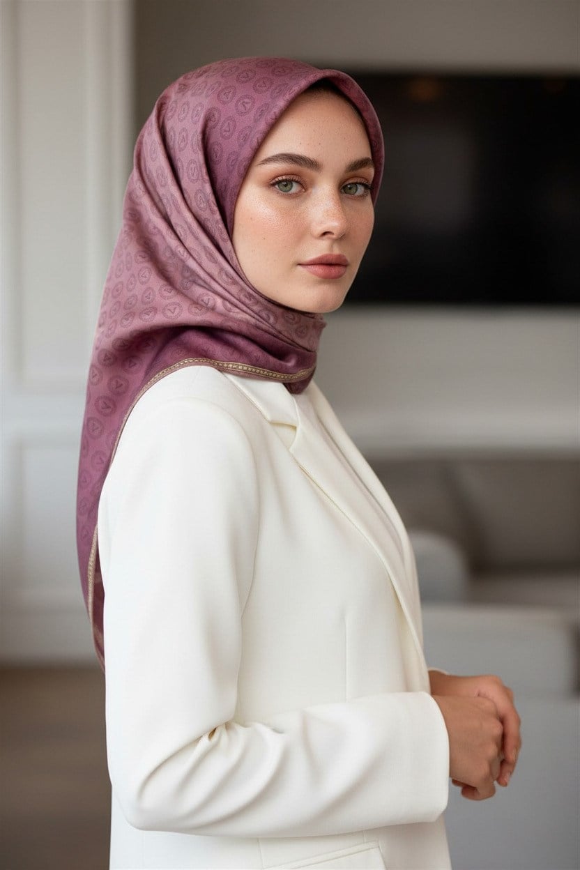 % 57 İPEK % 43 VİSKON Twill İpek Monogram Desenli Gül Kurusu Renkli 90x90 Eşarp Dikim Şekli : El Dikişi