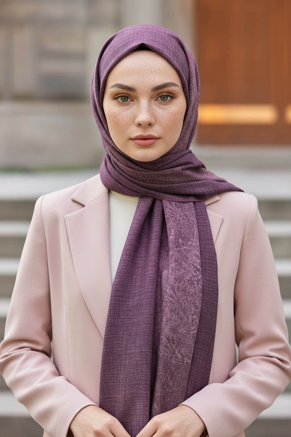 KREP DOKU DESENLİ PEMBE RENKLİ 75X195 KIRIŞMAZ ŞAL