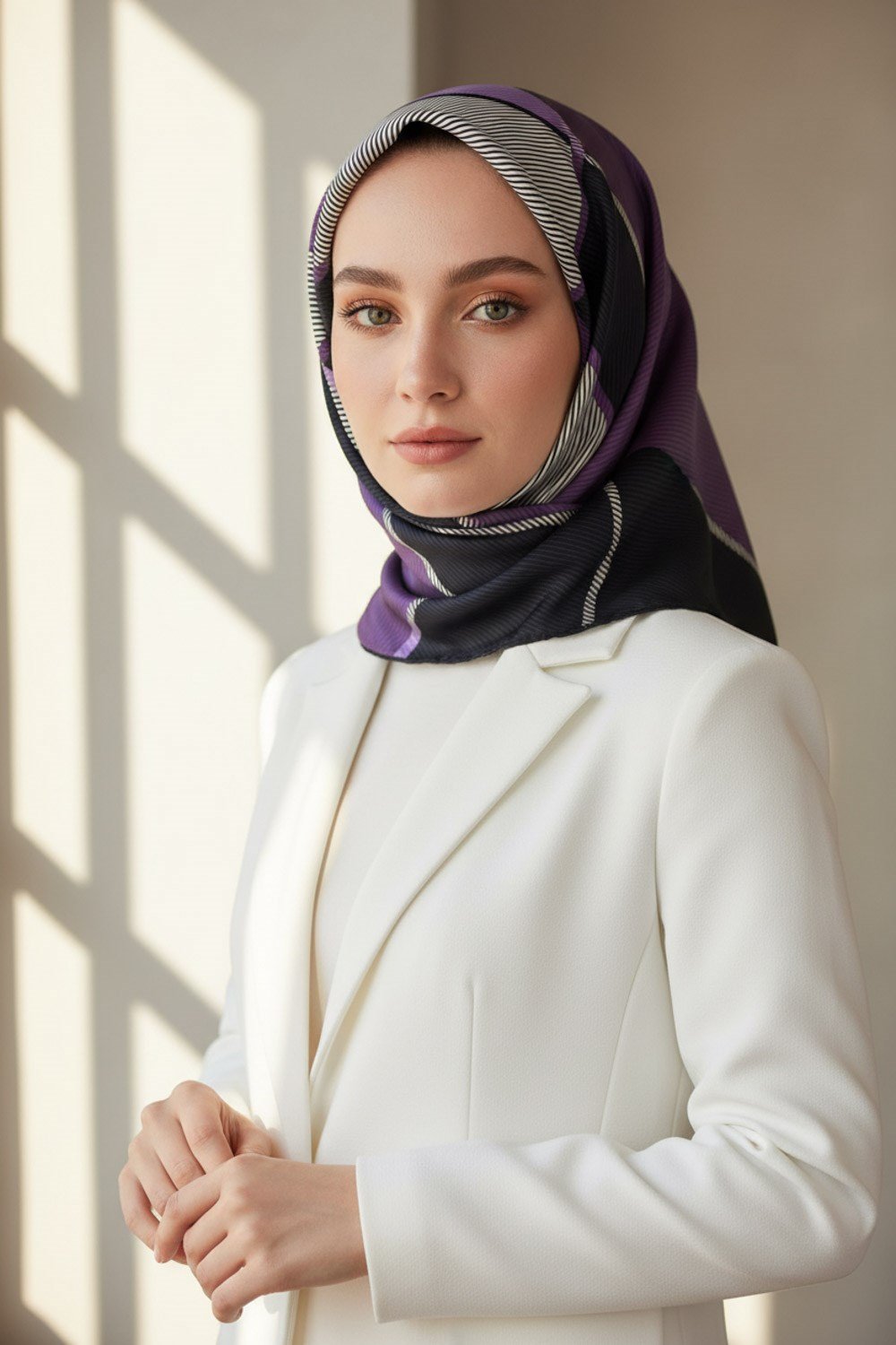%100 Twill İpek Geometrik Desenli Lila Renkli 90x90 Eşarp Dikim Şekli : El Dikişi