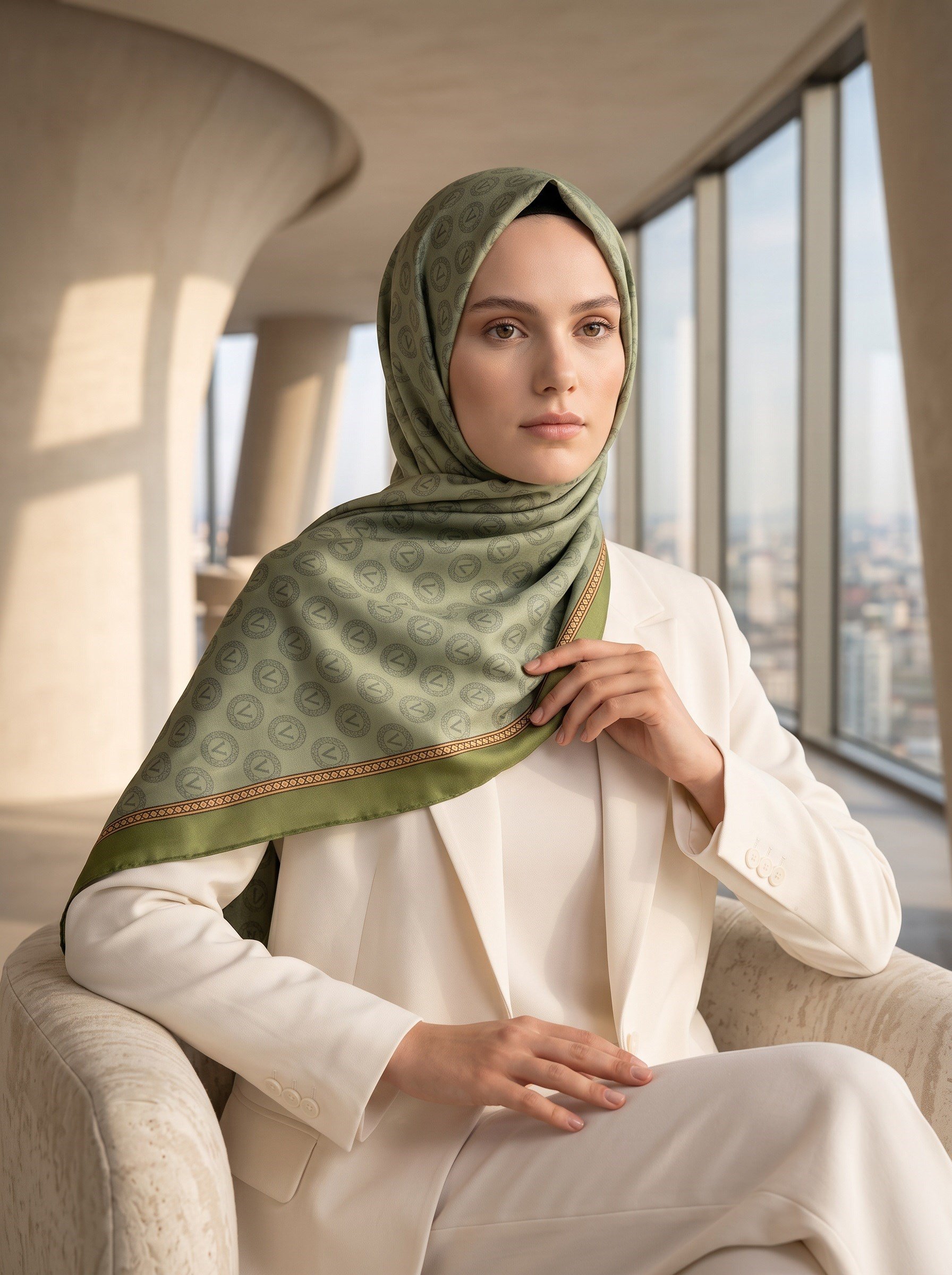 %100 Saf İpek Şal İnce Saten Vual Dokuma Degradeli Ve Monogram Desenli Haki - Gold Renkli 90x210 Şal