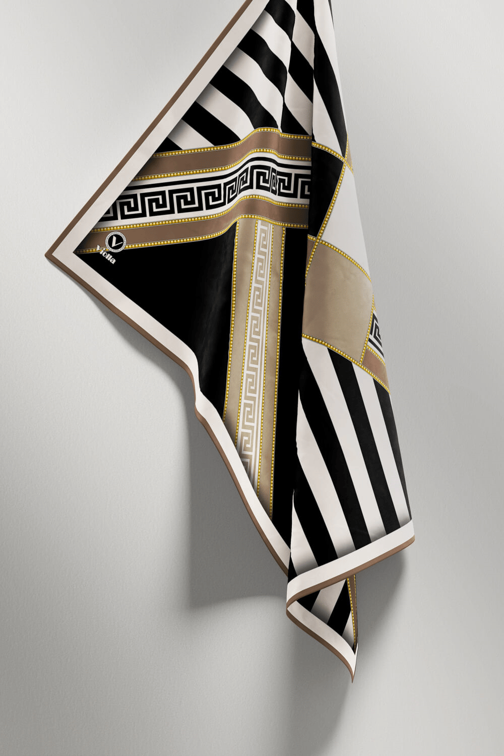 Twill Çizgili Geometrik Desenli Vizon Renkli 90x90 Eşarp (İpek İçermez) Kenar Dikiş Şekli El Dikişli