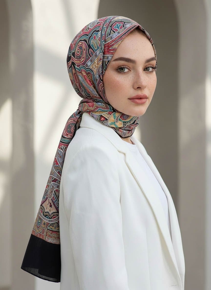 %100 Saf İpek Şal İnce Saten Vual Dokuma Etnik Desenli Siyah - Bordo Renkli 90x210 Şal