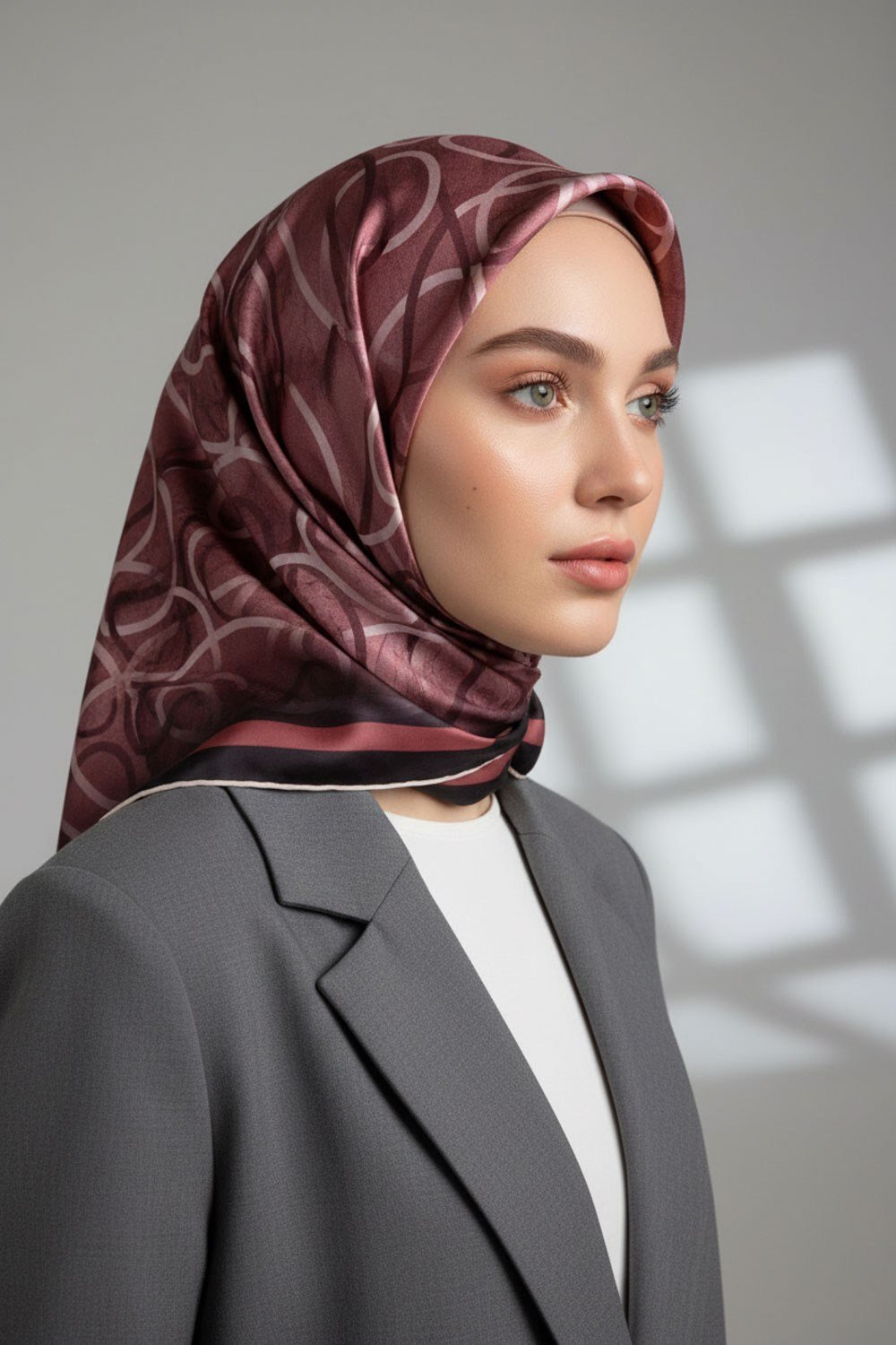 Kristal Geometrik Desenli Pudra Renkli 90x90 Eşarp (İpek İçermez) Kenar Dikiş Şekli El Dikişli