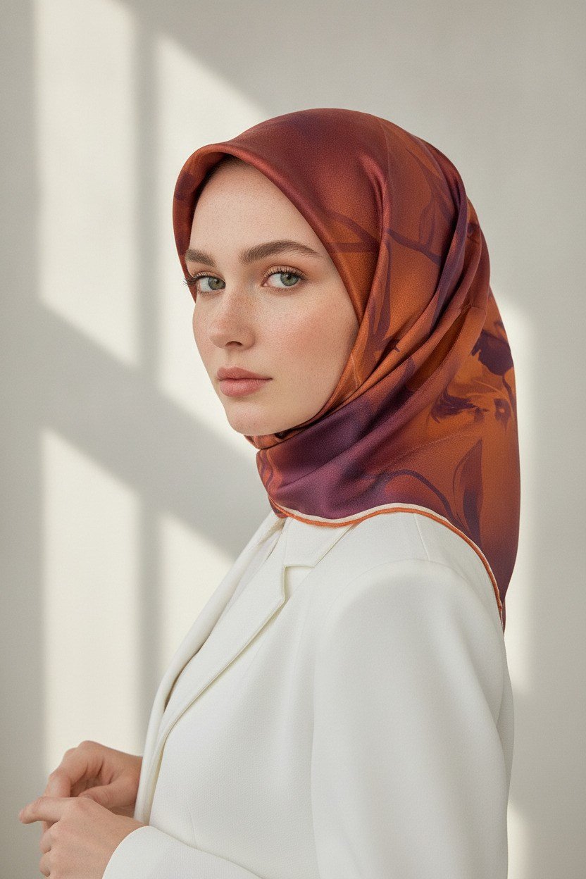 100% Twill İpek Çiçek Desenli Taba Renkli 90x90 Dikim Şekli : El Dikişi Eşarp