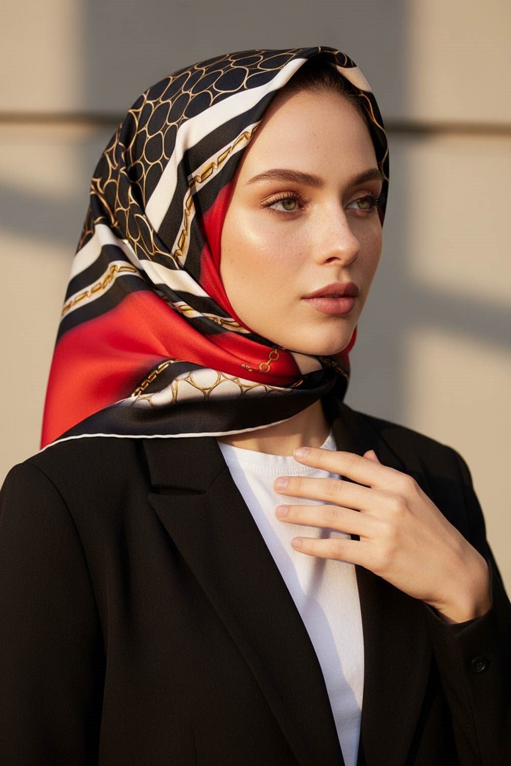 % 57 İPEK % 43 VİSKON Twill İpek Gold Halka Desenli Kırmızı - Siyah Renkli 90x90 Eşarp Dikim Şekli : El Dikişi