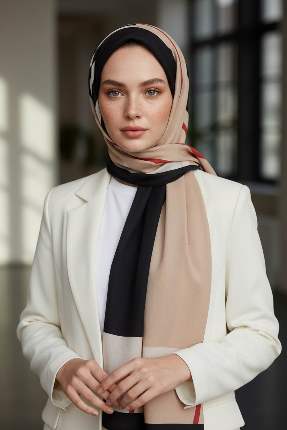 KREP GEOMETRIK DESENLİ SİYAH - BORDO RENKLİ 75X195 KIRIŞMAZ ŞAL