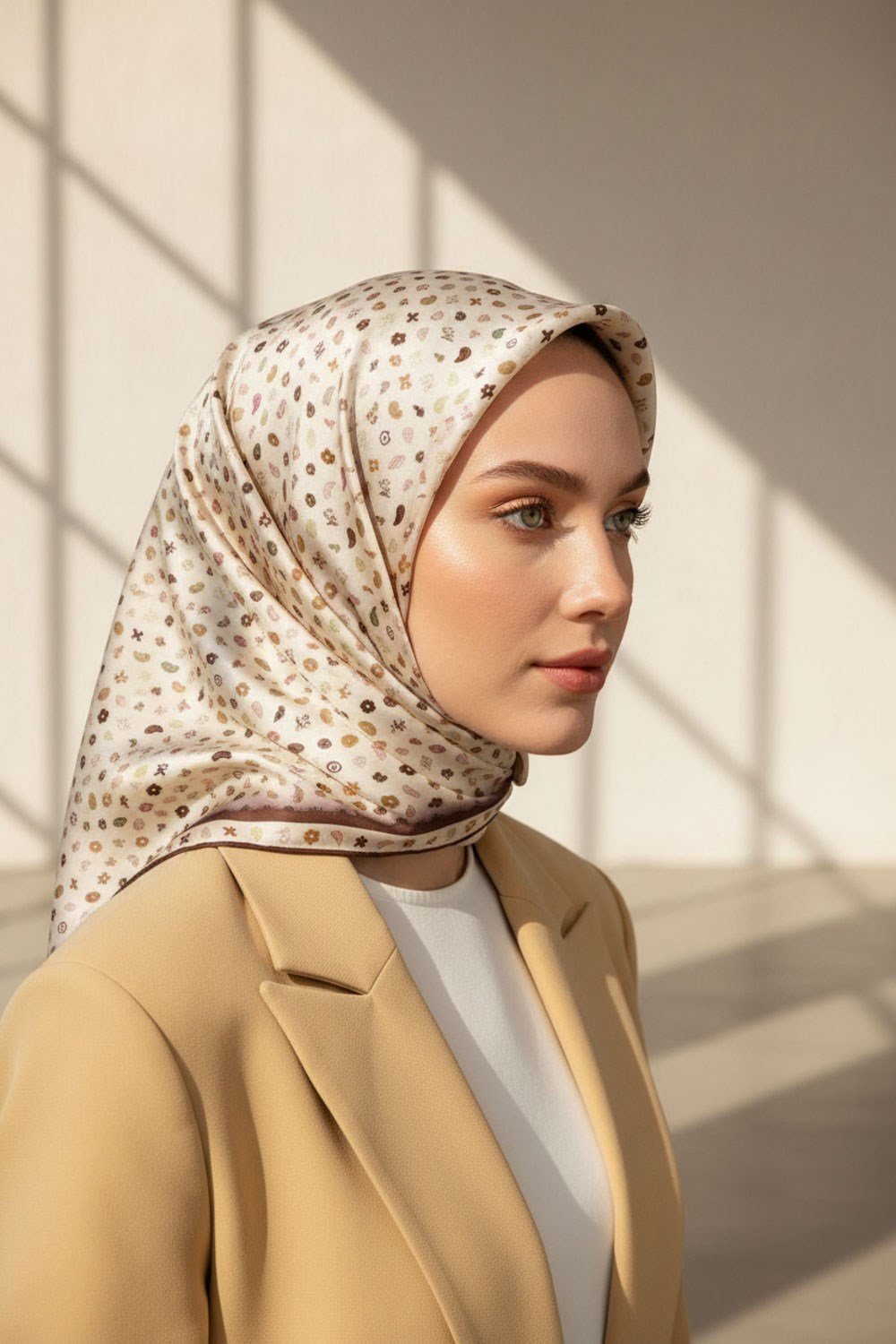%100 Twill İpek Çıtır Desenli Krem - Kahverengi Renkli 90x90 Eşarp Dikim Şekli : El Dikişi