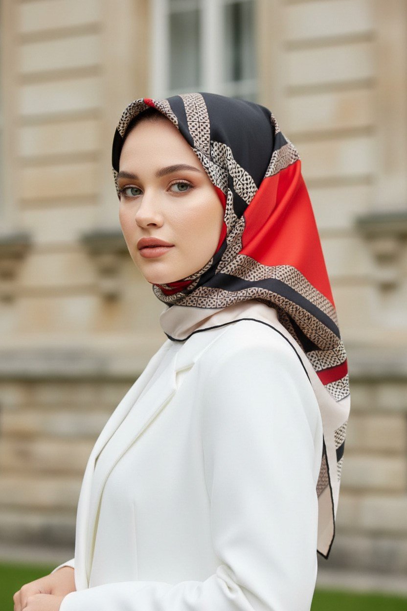 % 57 İPEK % 43 VİSKON Twill İpek Geometrik Desenli Siyah - Kırmızı Renkli 90x90 Eşarp Dikim Şekli : El Dikişi
