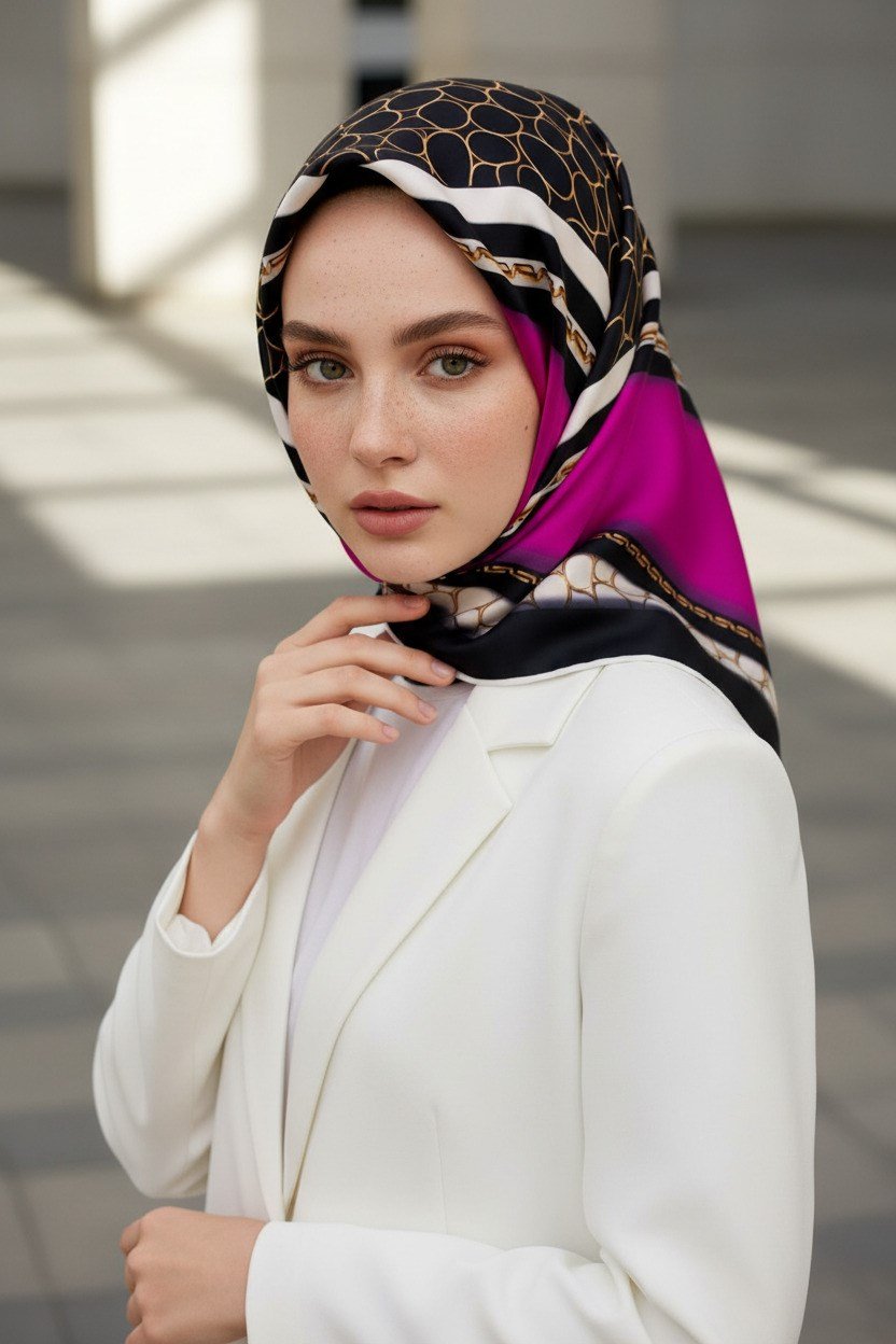 %100 Twill İpek Gold Halka Desenli Fuşya - Siyah Renkli 90x90 Eşarp Dikim Şekli : El Dikişi