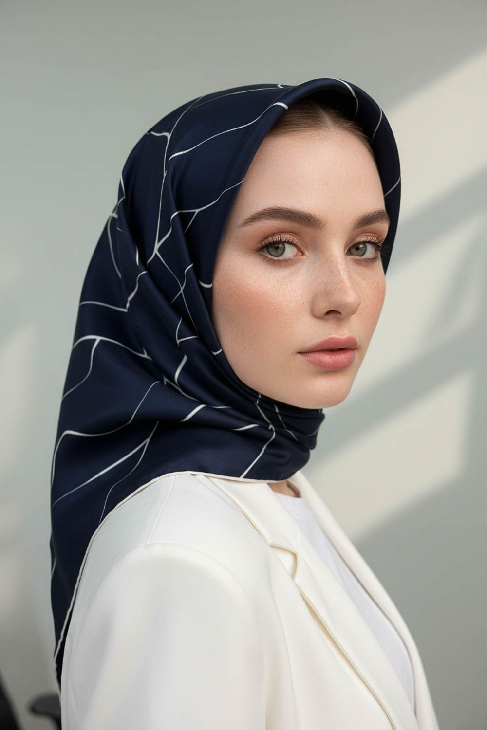 %100 Twill İpek Çizgi Desenli Lacivert - Krem Renkli 90x90 Eşarp Dikim Şekli : El Dikişi