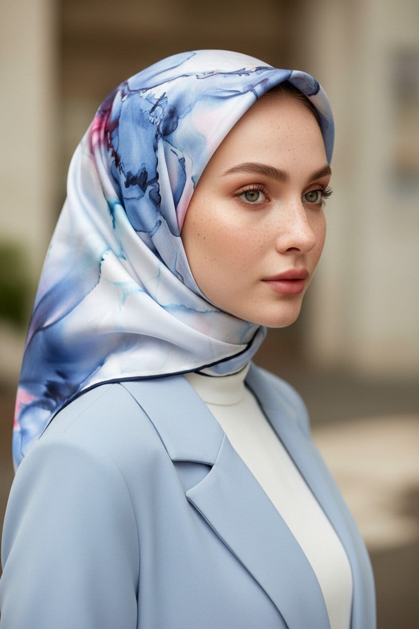 % 57 İPEK % 43 VİSKON Twill İpek Batik Çiçek Desenli Bebe Mavisi - Pudra Renkli 90x90 Eşarp Kenar Dikiş Şekli El Dikişli