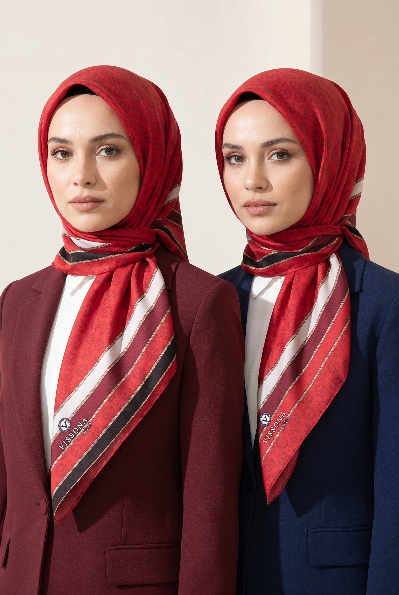 %100 Saf İpek Şal İnce Saten Vual Dokuma Monogram Desenli Kırmızı - Siyah Renkli 90x210 Şal