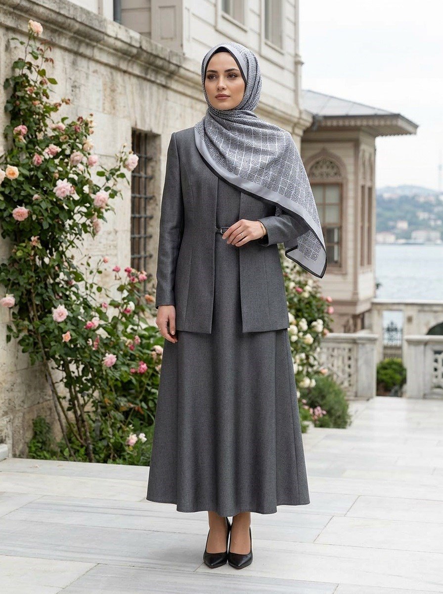 %100 Saf İpek Şal İnce Saten Vual Dokuma Etnik Desenli Gri - Siyah Renkli 90x210 Şal