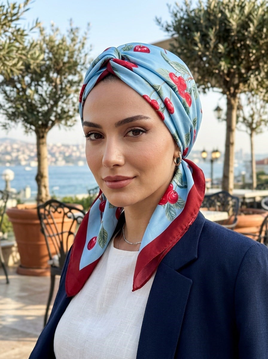 B13 Kadın Kiraz Desenli Bandana 55x55 Kırmızı Yeşil