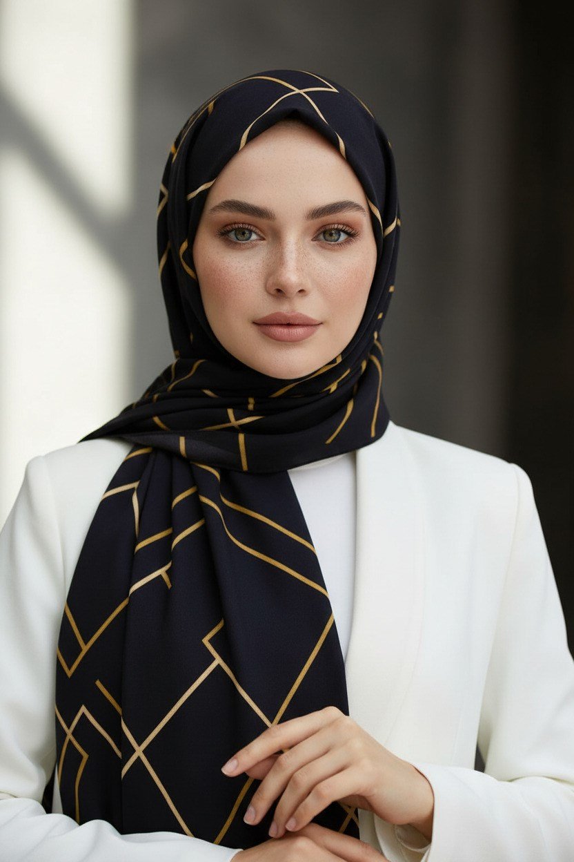 KREP GOLD DETAYLI KARO DESENLİ SİYAH RENKLİ 75X195 KIRIŞMAZ ŞAL
