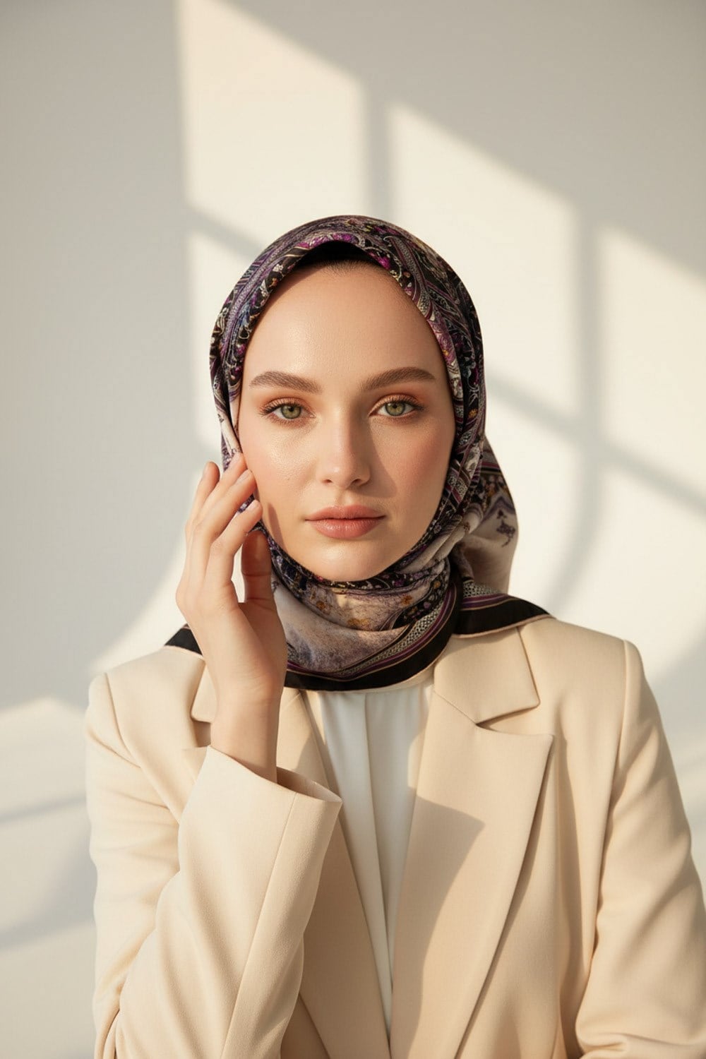 %100 Twill İpek Şal Desenli Siyah - Mürdüm Renkli 90x90 Eşarp Dikim Şekli : El Dikişi