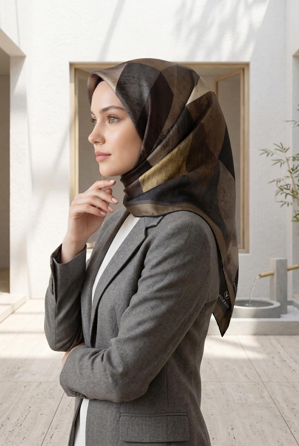 %100 Twill İpek Geometrik Desenli Bej - Gri Renkli 90x90 Eşarp Dikim Şekli : El Dikişi