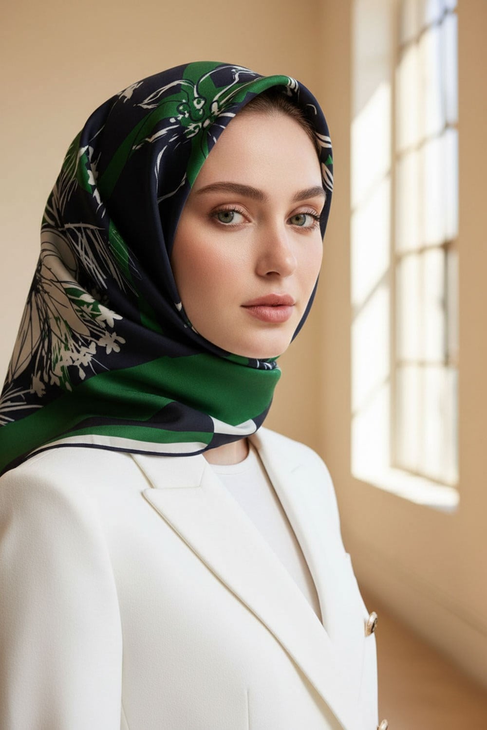 %100 Twill İpek Çiçekli ve Geometrik Desenli Zümrüt Yeşili - Lacivert Renkli 90x90 Eşarp Dikim Şekli : El Dikişi