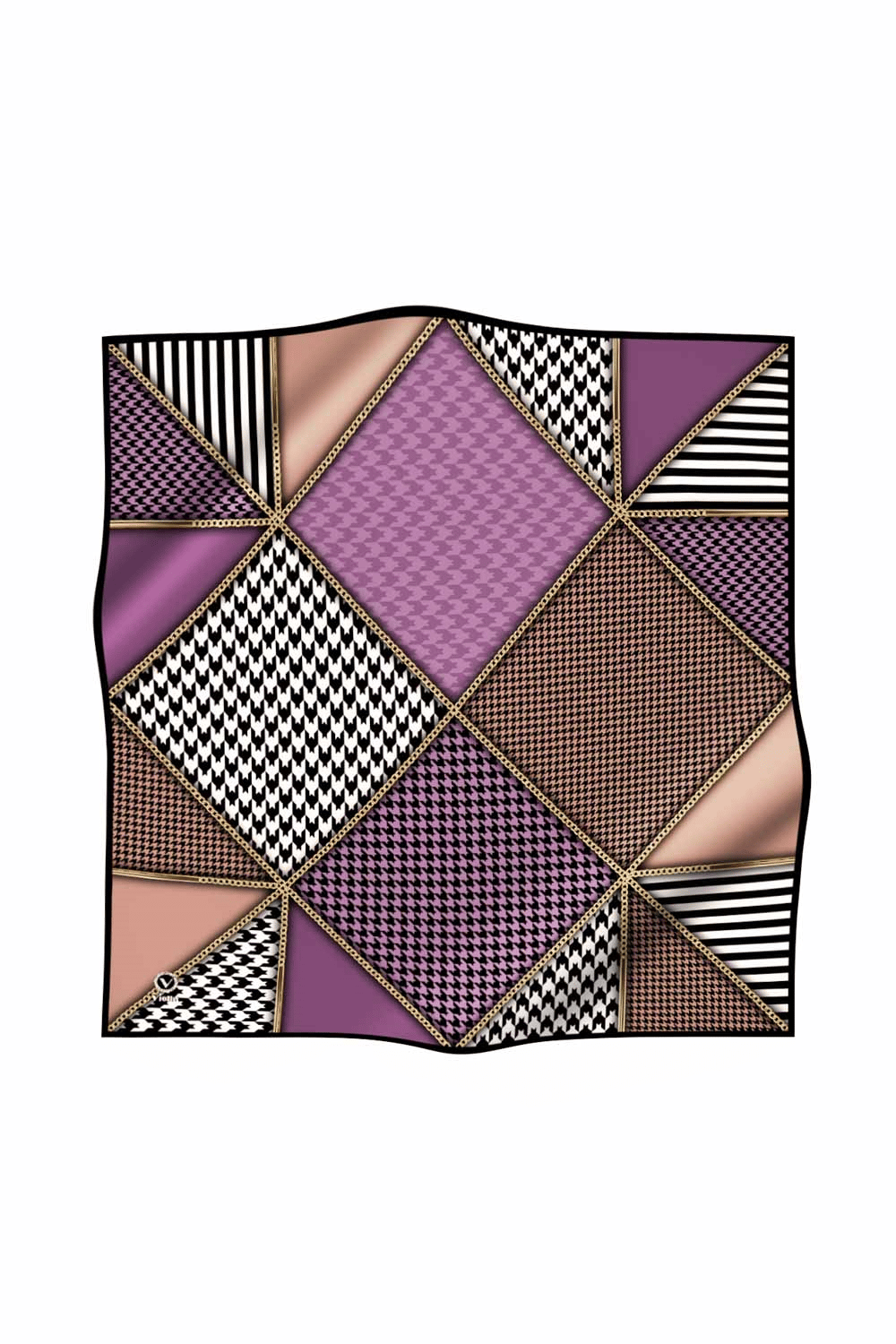 Twil Geometrik Ve Kazayak Desenli Lila - Somon Renkli 90x90 Eşarp (İpek İçermez) Dikim Şekli : El Dikişi