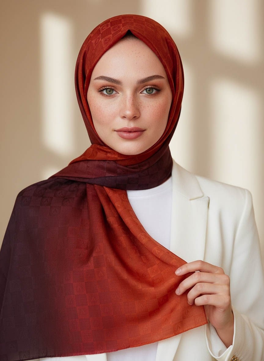 Vissona %57 İPEK %43 PAMUK Degrade Desenli Taba Renkli Şal -  70x190 Dikiş Tipi İtalyan Dikişli