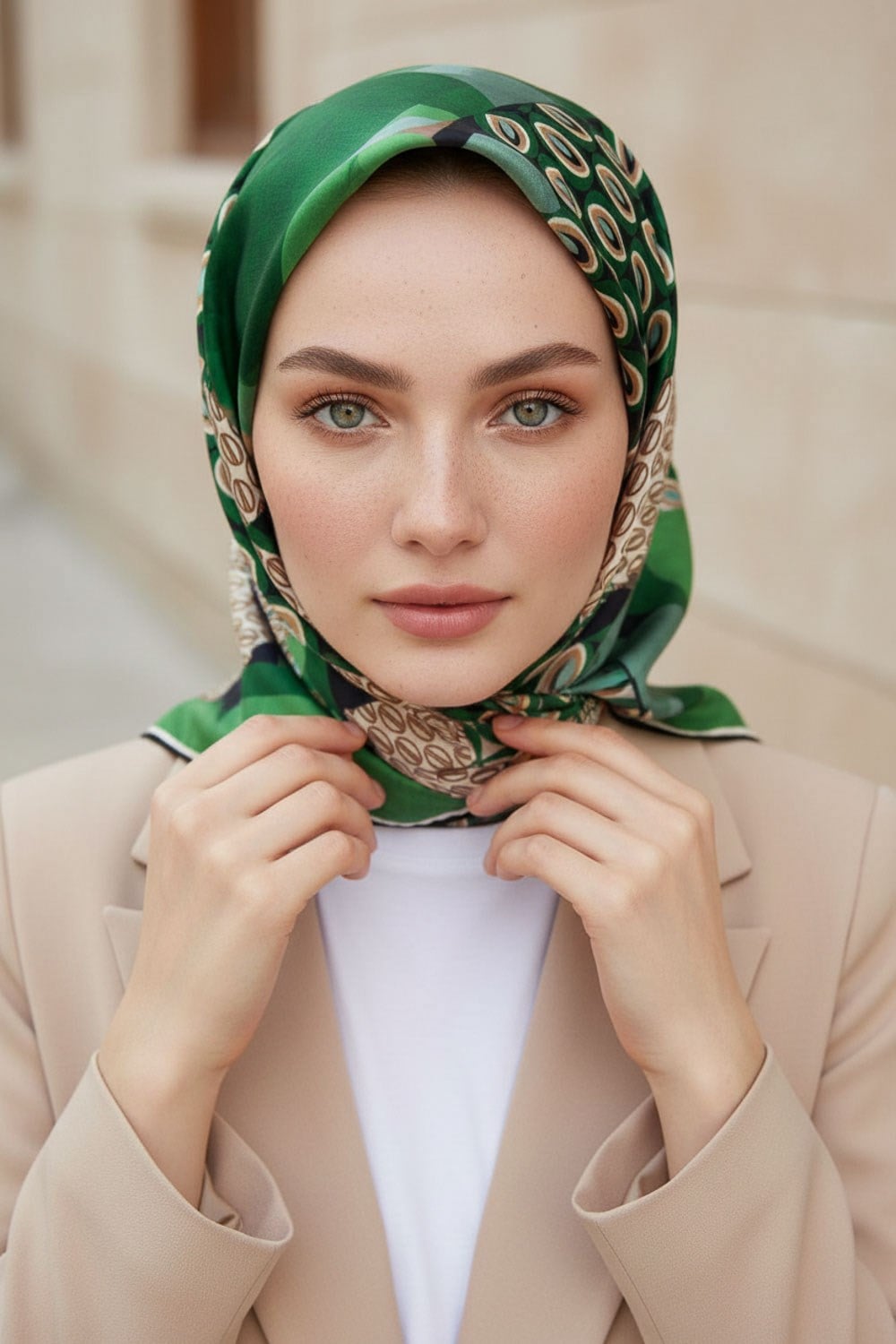 %100 Twill İpek Geometrik Desenli Zümrüt Yeşili - Bej Renkli 90x90 Eşarp Kenar Dikiş Şekli El Dikişli