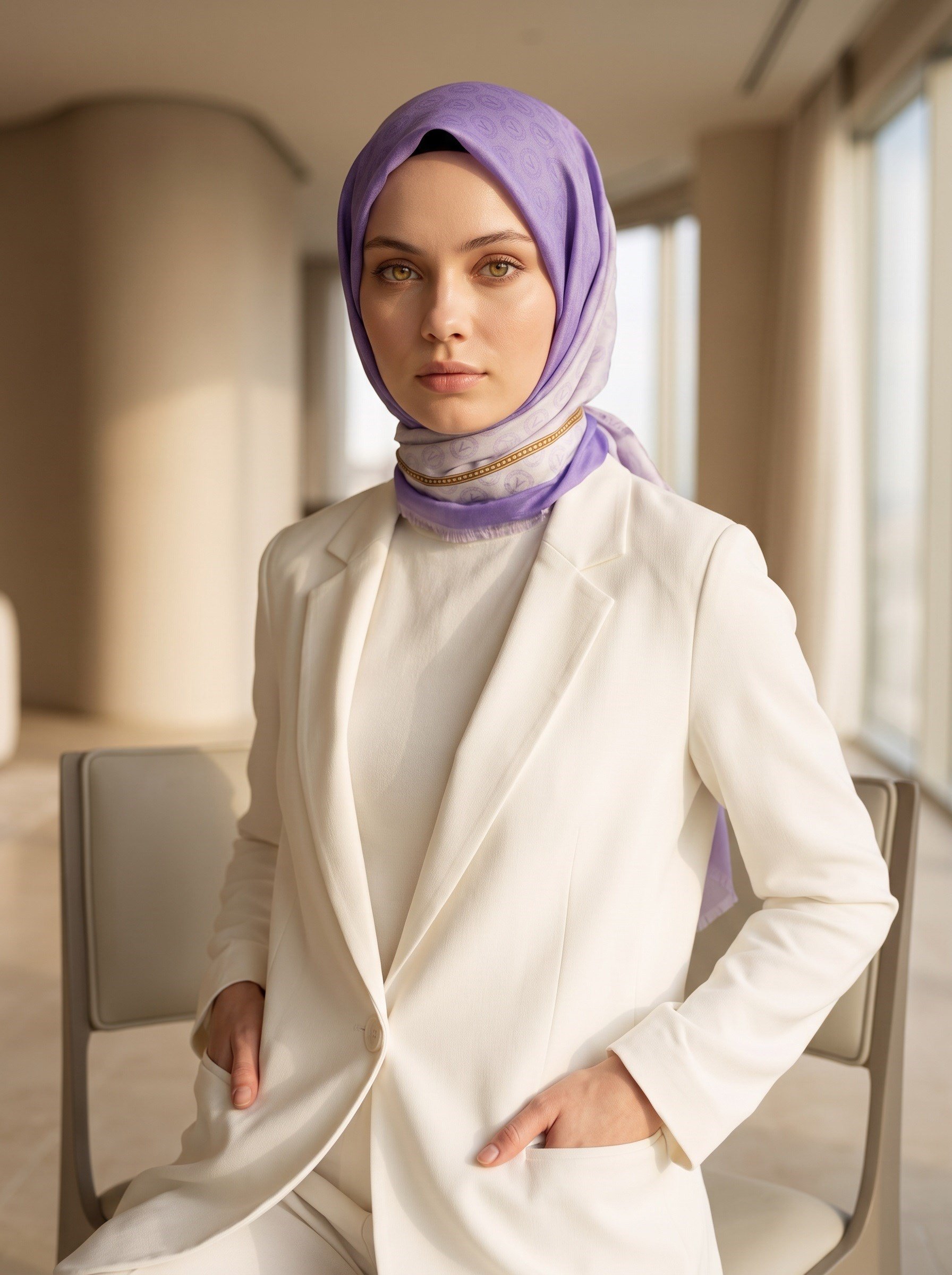 %100 Saf İpek Şal İnce Saten Vual Dokuma Degradeli Ve Monogram Desenli Lila - Gold Renkli 90x210 Şal