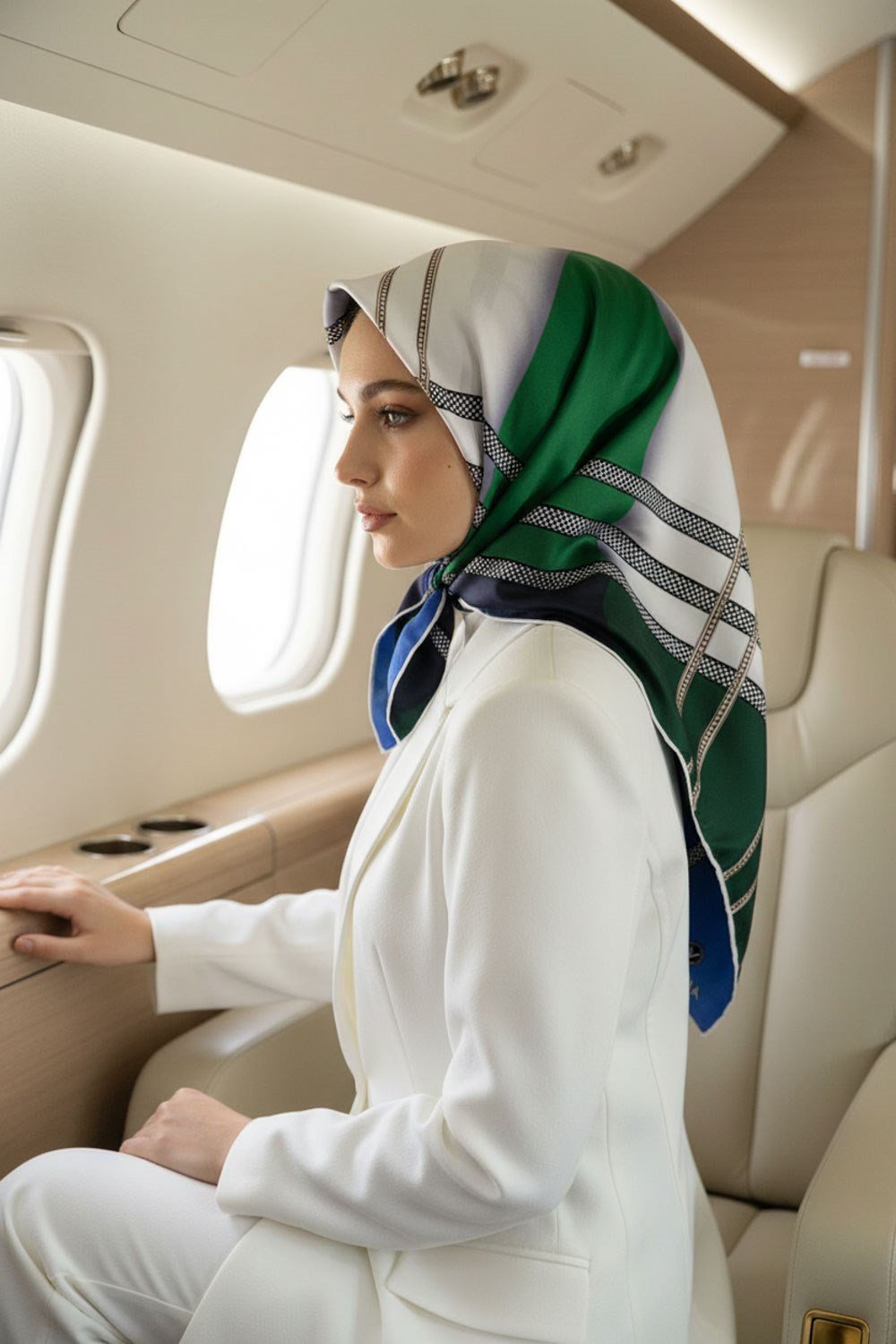 %100 Twill İpek Geometrik Desenli Zümrüt Yeşili - Saks Renkli Renkli 90x90 Eşarp Dikim Şekli : El Dikişi