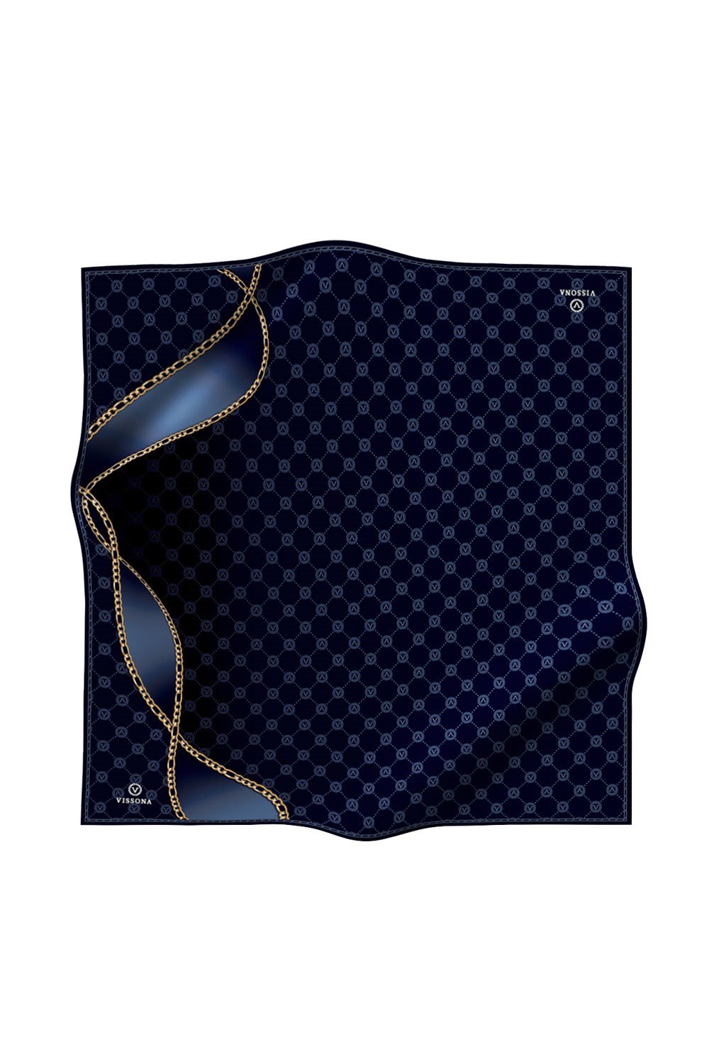 %100 Twill İpek Zincirli Ve Monogram Desenli Lacivert - İndigo Renkli 90x90 Eşarp Dikim Şekli : El Dikişi