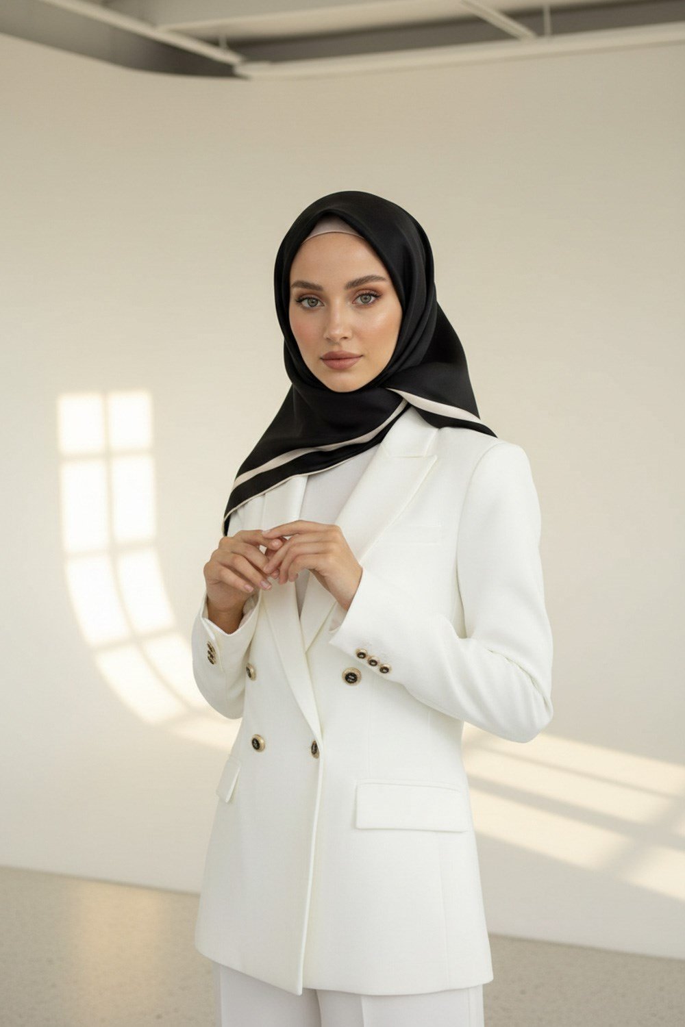 100% Twill İpek Düz Renk Bordür Desenli Siyah - Krem Renkli Daha Tok Exclusive Serisi 90x90 Dikim Şekli : El Dikişi Eşarp