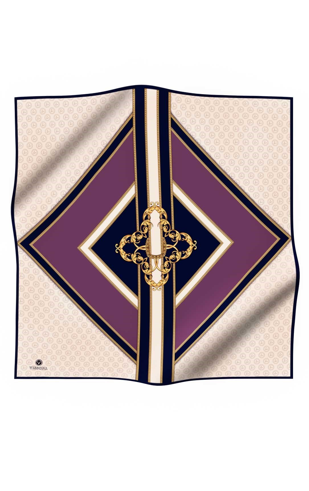 %100 Twill İpek Monogram ve Barok Desenli Lila - Lacivert Renkli 90x90 Eşarp Dikim Şekli : El Dikişi