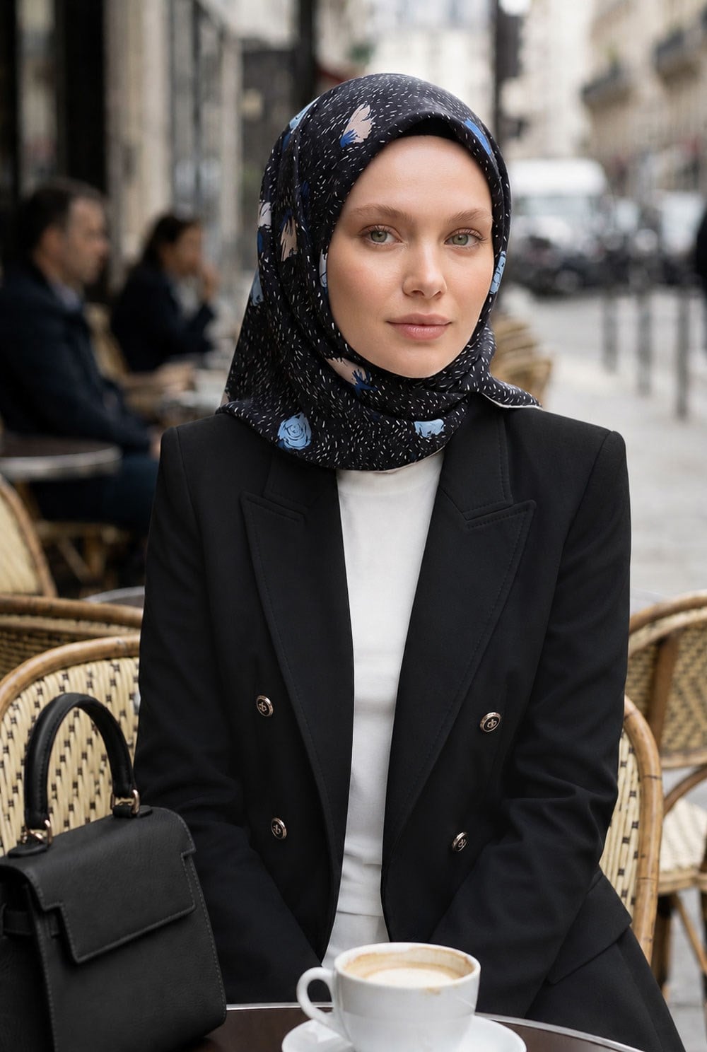 %100 Twill İpek Çıtır Çiçek Desenli Siyah - Saks Renkli 90x90 Eşarp Dikim Şekli : El Dikişi