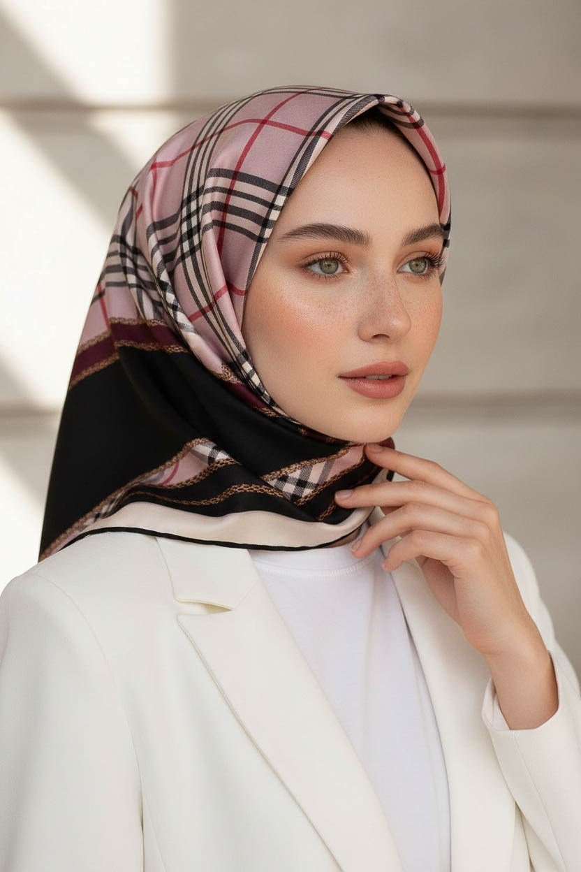 %100 Twill İpek Ekose Desenli Pudra - Şarabi Renkli 90x90 Eşarp Dikim Şekli : El Dikişi