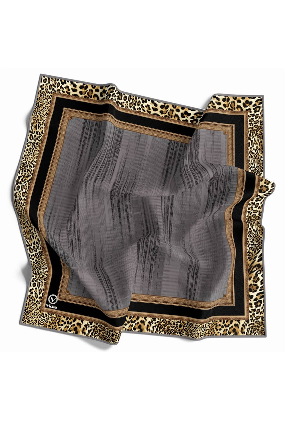 Soft Leopar Bordür Desenli Gri Renkli 90x90 Eşarp (İpek İçermez) Kenar Dikiş Şekli El Dikişli