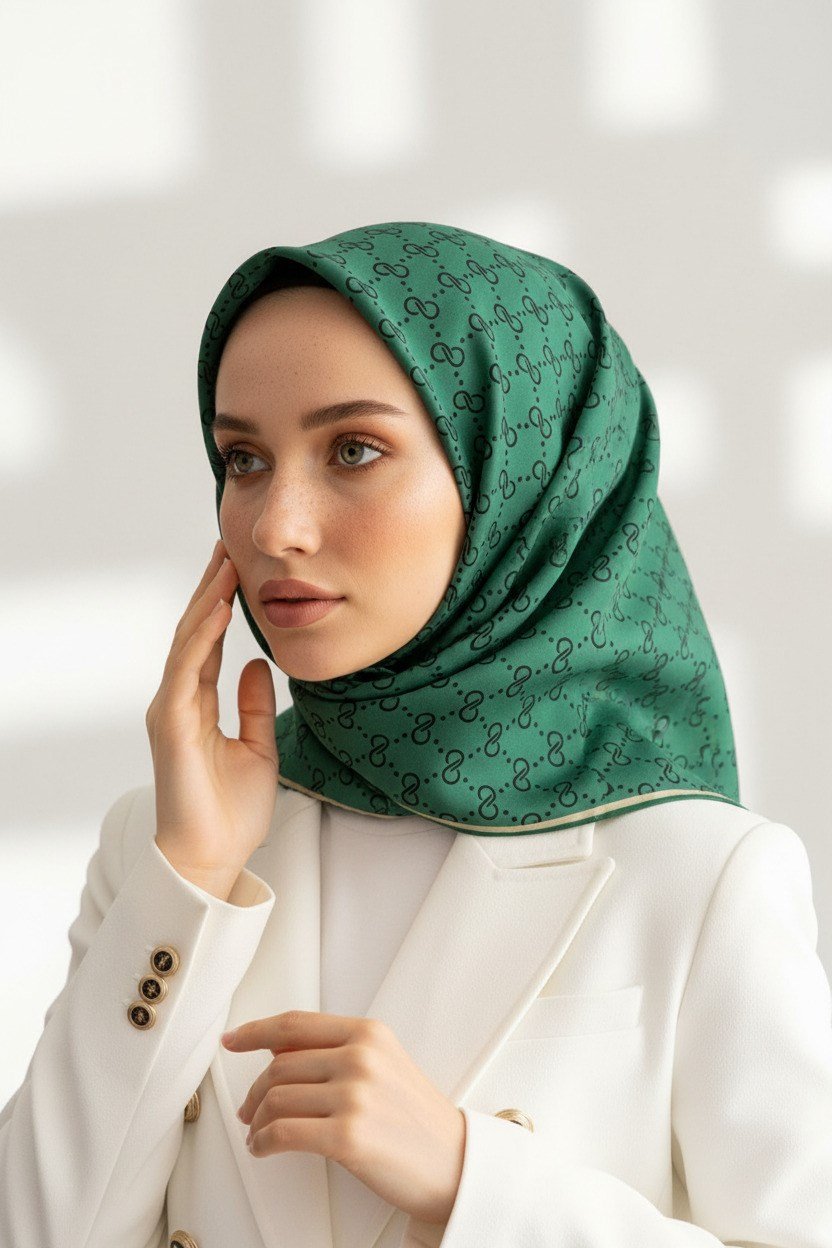 %57 İPEK %43 VİSKON Twill İpek Leopar Desenli Zümrüt Yeşili Renkli 90x90 Eşarp Dikim Şekli : El Dikişi