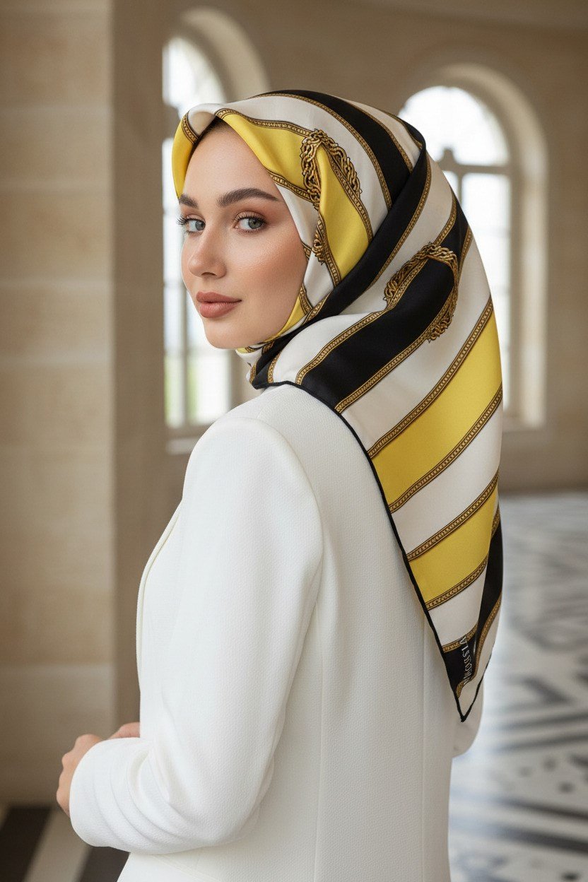 %100 Twill İpek Kemer Desenli Siyah - Limon Sarısı Renkli 90x90 Eşarp Dikim Şekli : El Dikişi