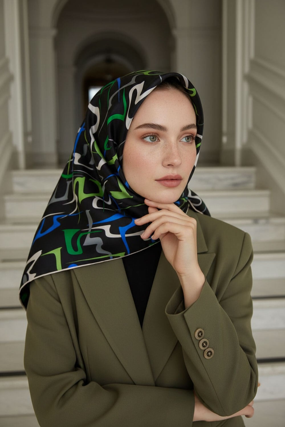 % 57 İPEK % 43 VİSKON Twill İpek Soyut Geometrik Desenli Saks - Zümrüt Yeşili Renkli 90x90 Eşarp Dikim Şekli : El Dikişi