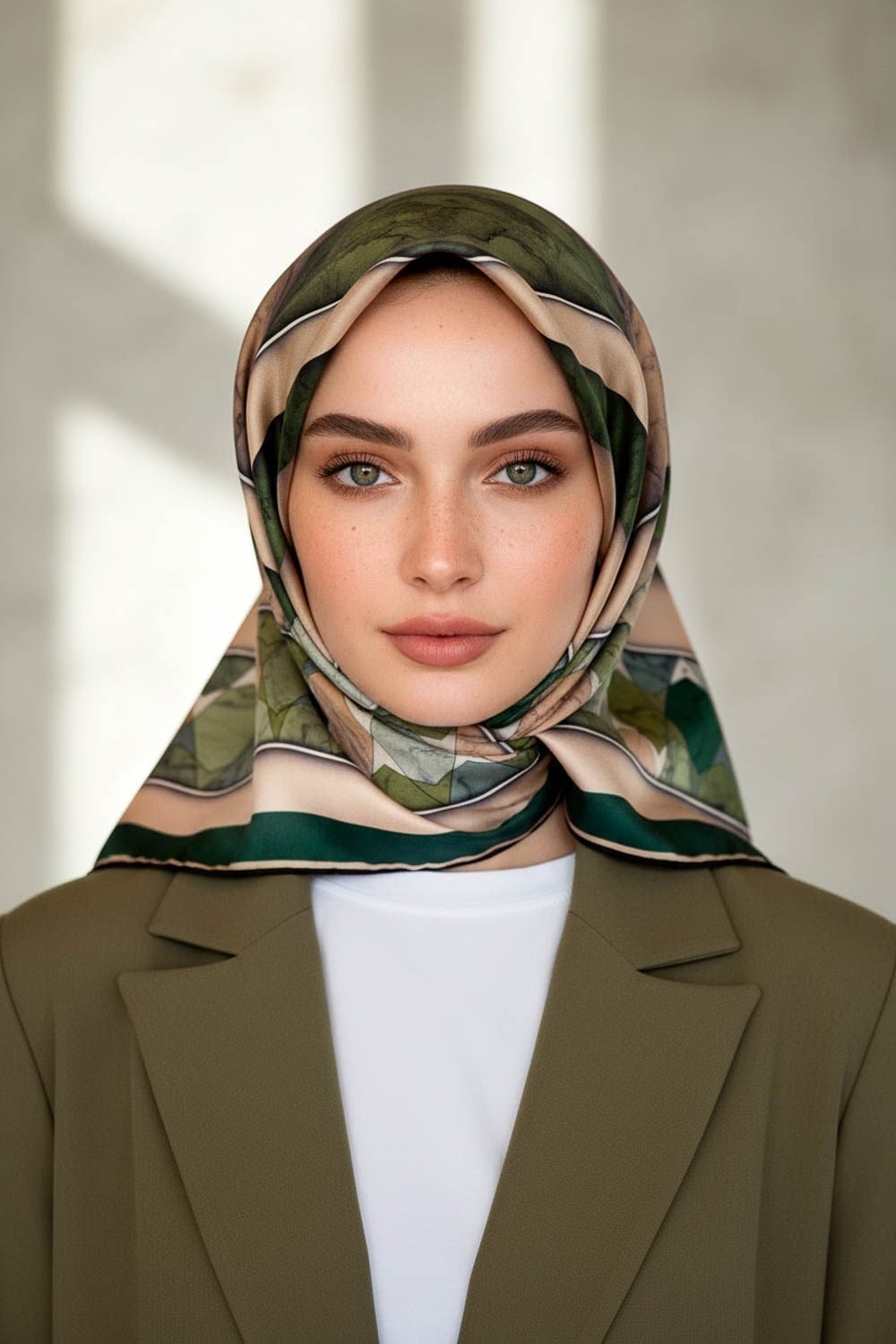 %100 Twill İpek Mermer Efektrli Geometrik Desenli Haki - Bej Renkli 90x90 Eşarp Dikim Şekli : El Dikişi