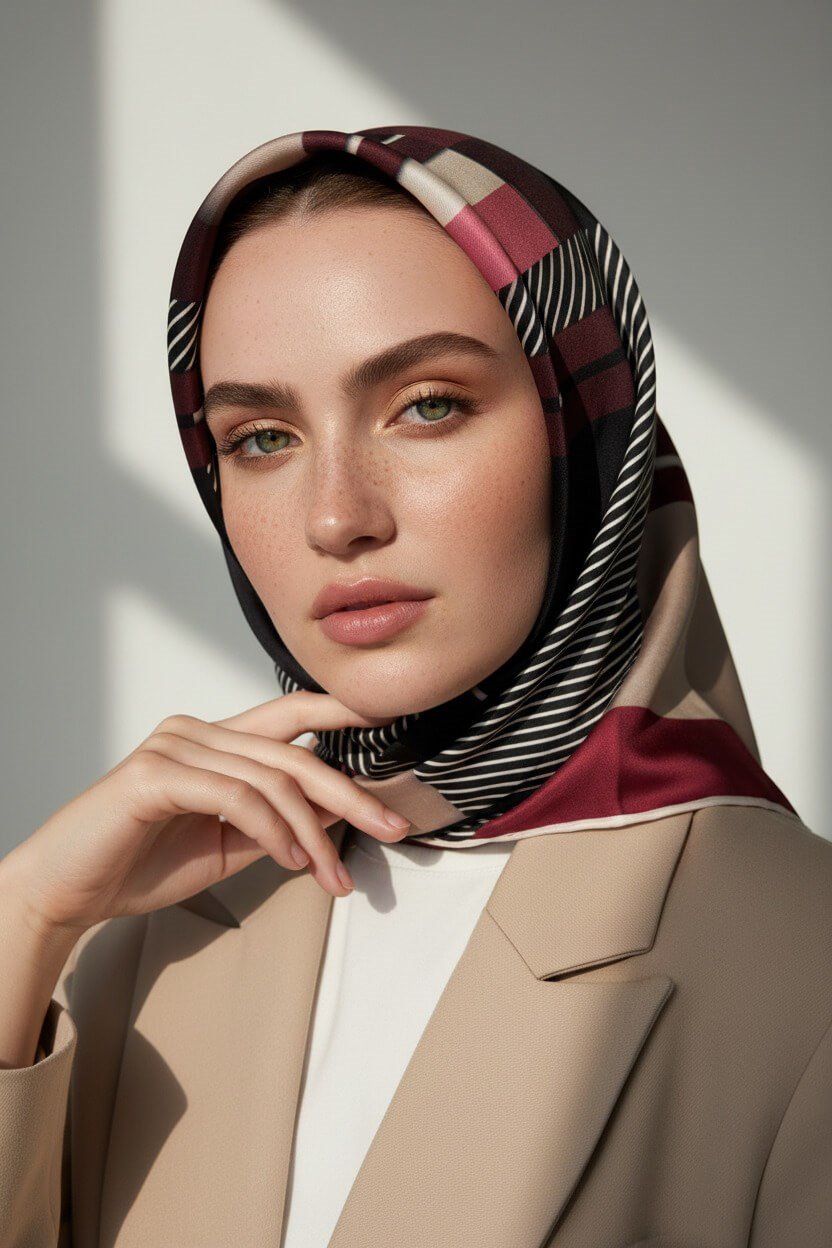 %100 Twill İpek Zebra Desenli Bej - Bordo Renkli 90x90 Eşarp Dikim Şekli : El Dikişi