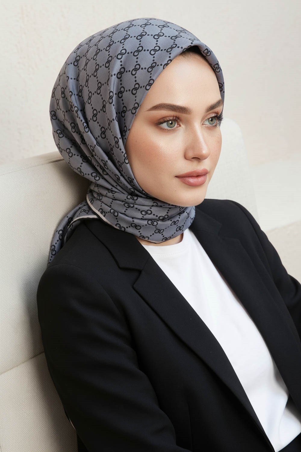 %57 İPEK %43 VİSKON Twill İpek Leopar Desenli Siyah - Gri Renkli 90x90 Eşarp Dikim Şekli : El Dikişi