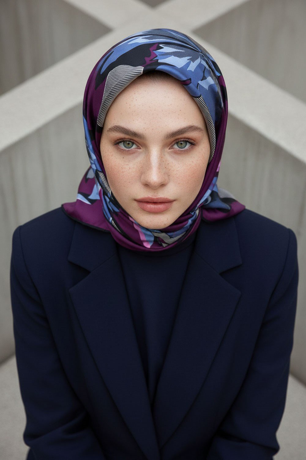 %100 Twill İpek Çiçek Desenli Mürdüm - Siyah Renkli 90x90 Eşarp Dikim Şekli : El Dikişi