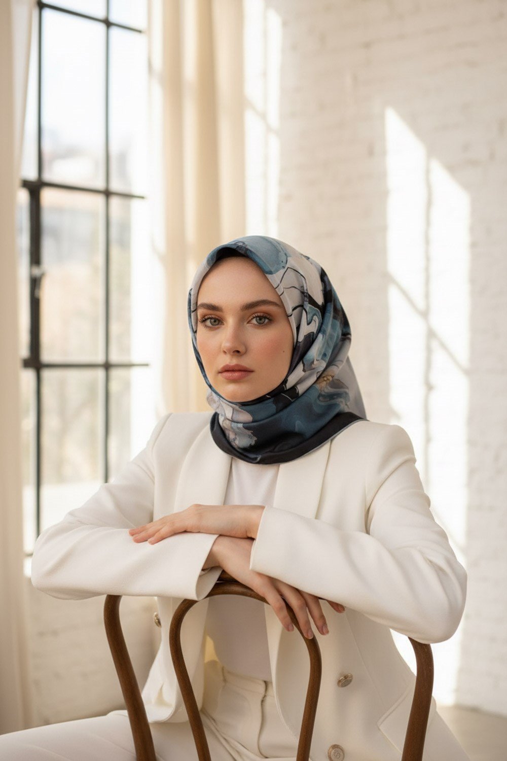 %100 Twill İpek Batik Çiçek Desenli Turkuaz - Gri Renkli 90x90 Eşarp Dikim Şekli : El Dikişi
