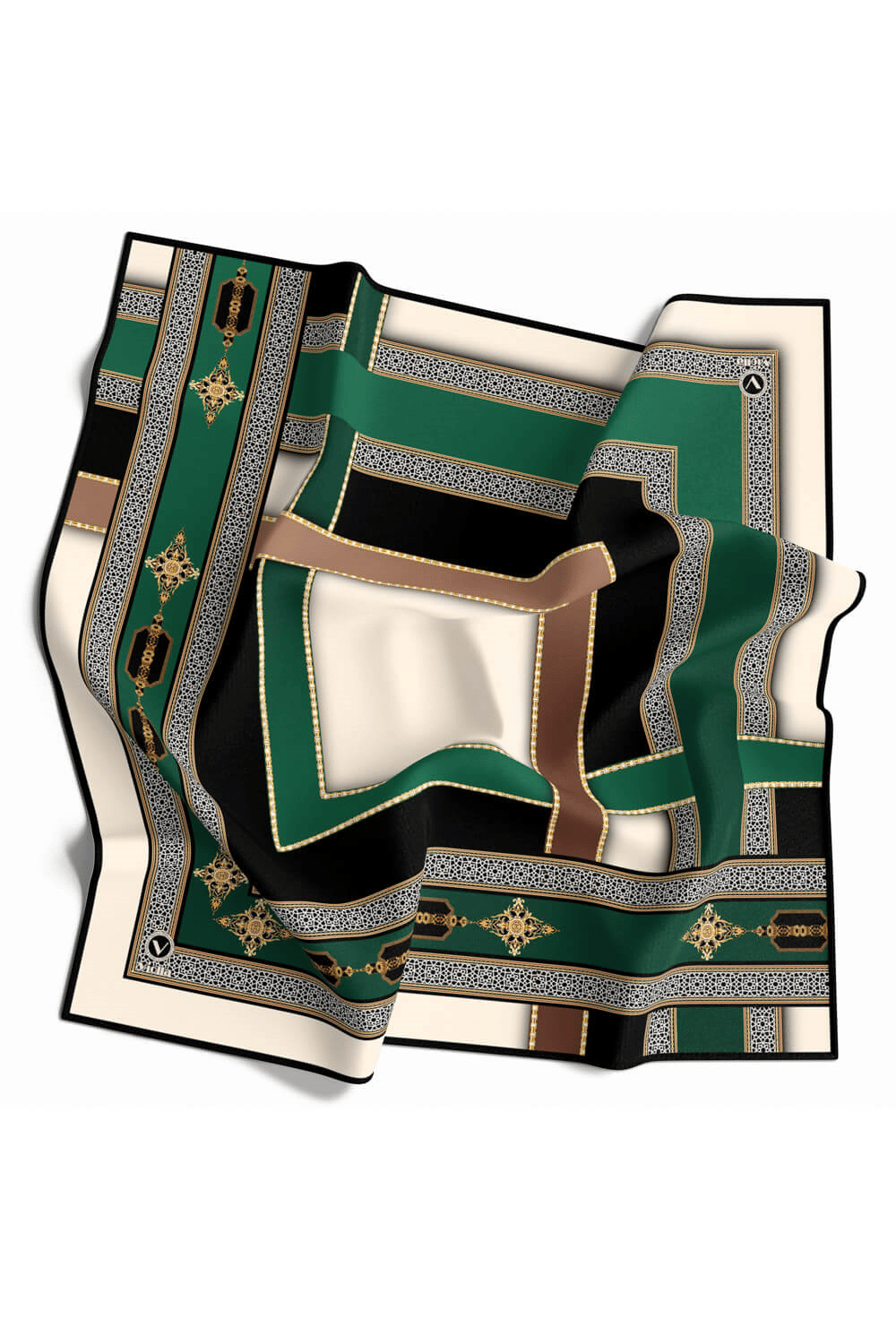 Twill Gold Detaylı ve Antik Motif Desenli Petrol Yeşili Renkli 90x90 Eşarp (İpek İçermez) Kenar Dikiş Şekli El Dikişli