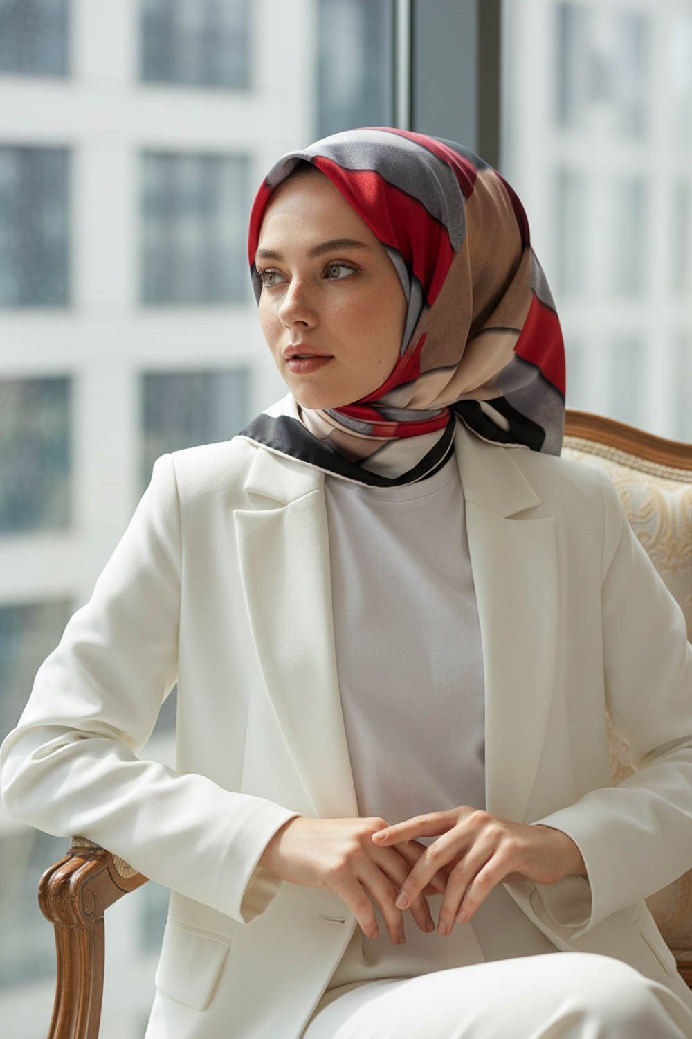% 57 İPEK % 43 VİSKON Twill Geometrik Bulut  Desenli Kırmızı Bej  Renkli 90x90 Eşarp Dikim Şekli: El Dikişi