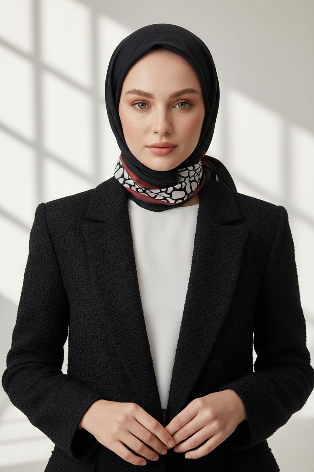 KREP DESENLİ SİYAH - BORDO RENKLİ 75X195 KIRIŞMAZ ŞAL