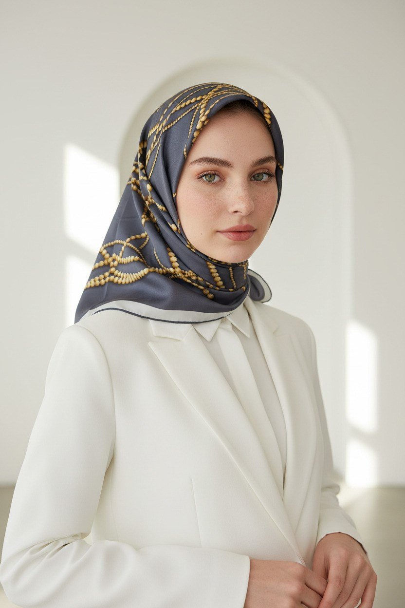 %100 Twill İpek İnci Desenli Gri Renkli 90x90 Eşarp Kenar Dikiş Şekli : El Dikişli